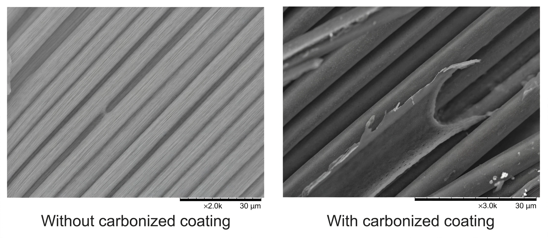 A zoomed in comparison picture without and with carbonized coating